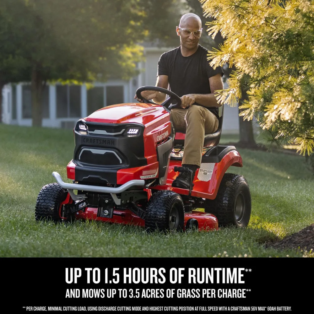 Casavibeo Craftsman CMCRM233303 42-inch electric riding mower with 56V battery and cutting deck, shown in outdoor yard setting.