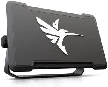 Black portable hard drive with a white hummingbird logo and a protective case, viewed from an angled top front perspective.