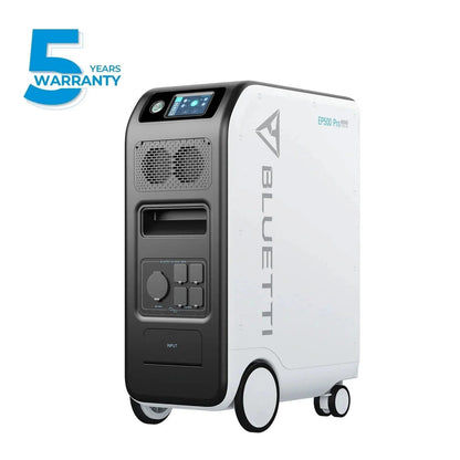 Casavibeo BLUETTI EP500Pro solar power station with 5100Wh capacity, 6000W power output, and 2400W solar input in a sleek design.