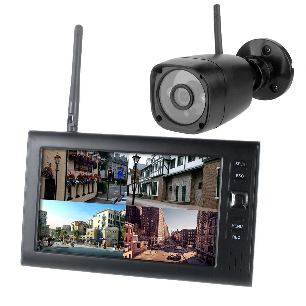 GETDECO 7-inch wireless security system with 4-channel monitor and weatherproof night vision outdoor cameras for home security.