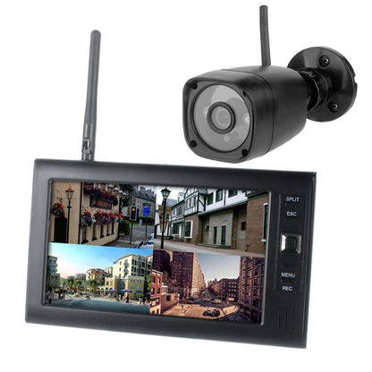 GETDECO 7-inch wireless security system with 4-channel monitor and weatherproof night vision outdoor cameras for home security.