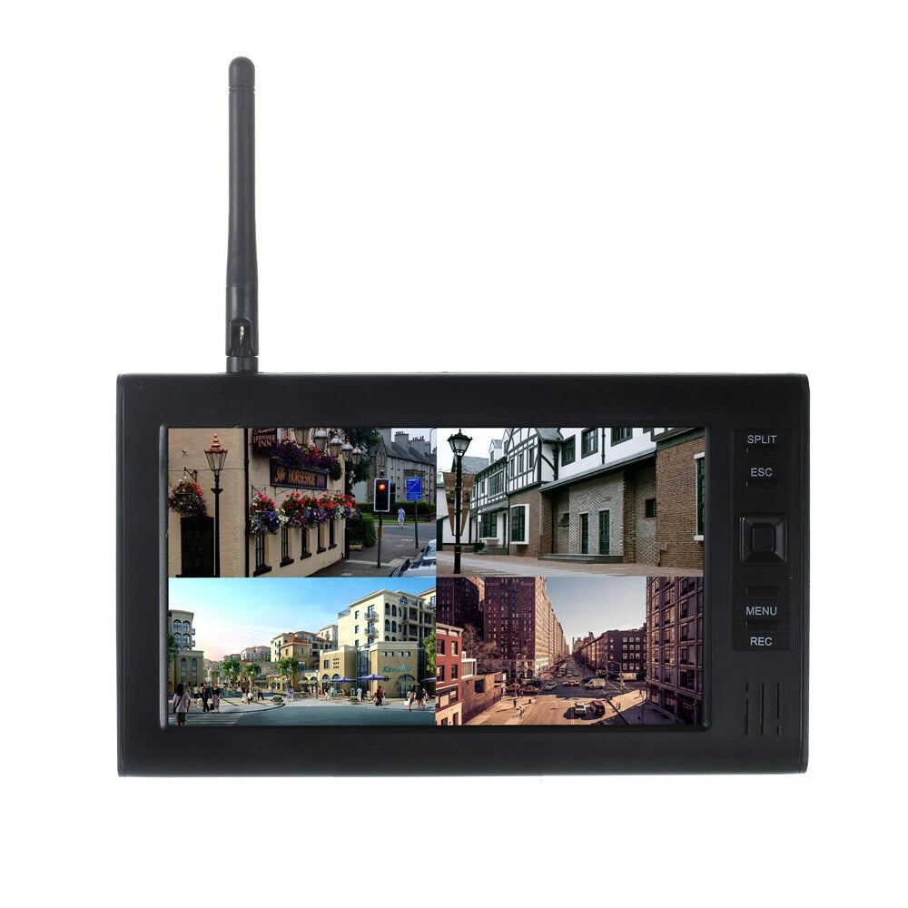 GETDECO 7-inch wireless security system with 4-channel monitor and weatherproof night vision cameras for outdoor home security.