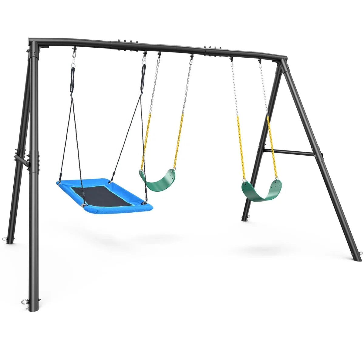 Casavibeo Klo Kick metal swing set with three swings, 7.3 feet tall, heavy-duty steel frame for backyard play and outdoor fun