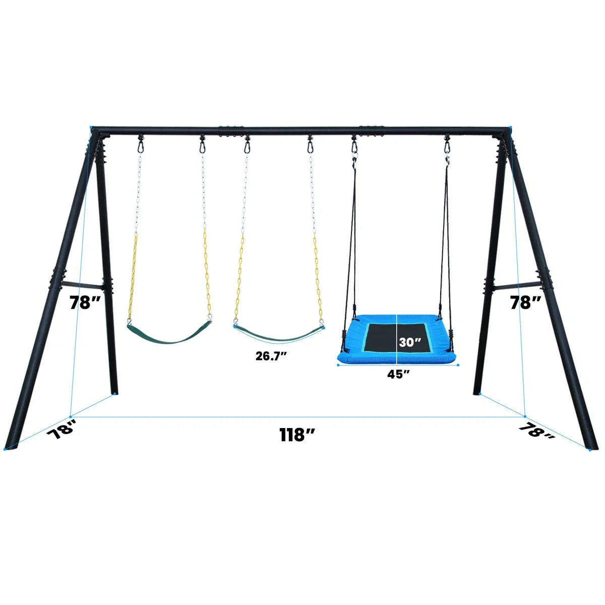 Casavibeo Klo Kick metal swing set with three swings, 7.3 feet tall, heavy-duty steel frame for backyard play and outdoor fun.