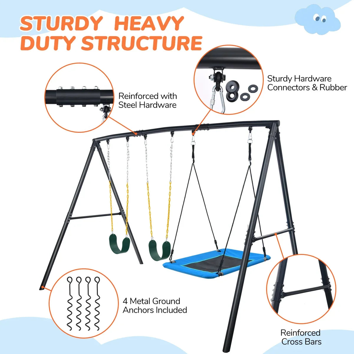 Casavibeo Klo Kick metal swing set with three swings, 7.3 feet tall, heavy-duty steel frame for backyard playground fun.