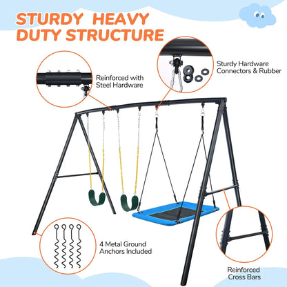 Casavibeo Klo Kick metal swing set with three swings, 7.3 feet tall, heavy-duty steel frame for backyard playground fun.