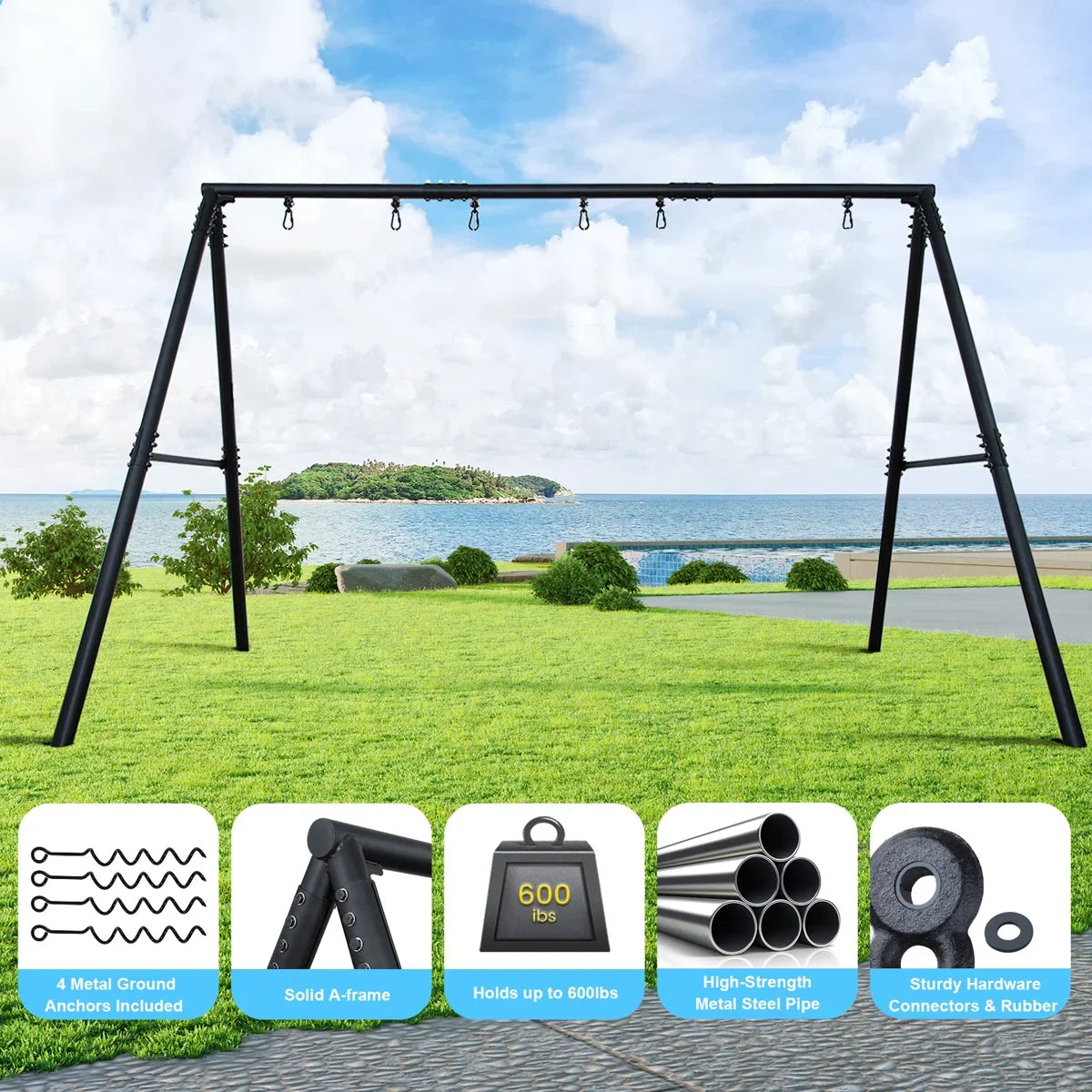 Casavibeo Klo Kick metal swing set with three swings, 7.3ft tall heavy-duty backyard playground equipment for kids.