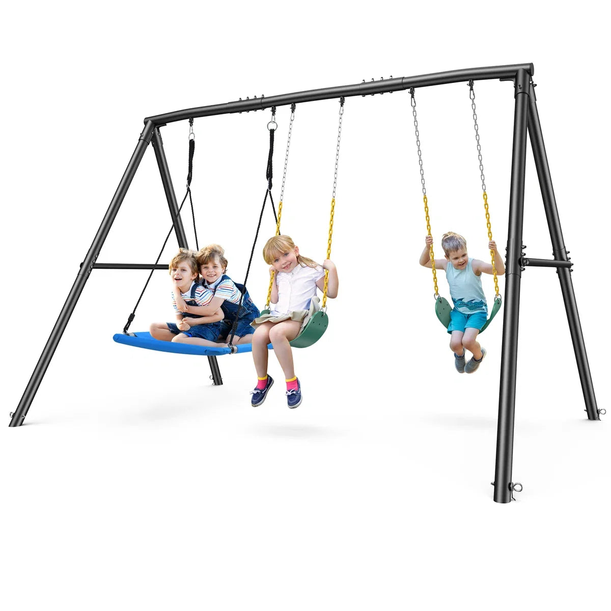 Heavy-duty Casavibeo Klo Kick metal swing set with three swings, 7.3 feet tall for backyard playground fun.