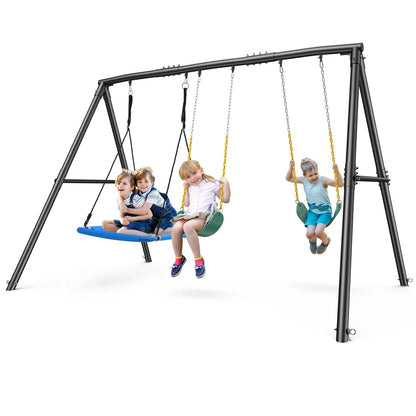Heavy-duty Casavibeo Klo Kick metal swing set with three swings, 7.3 feet tall for backyard playground fun.