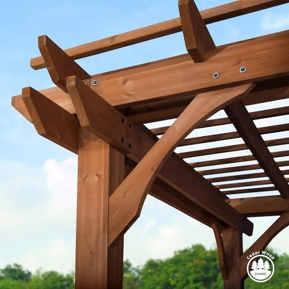 Cedar pergola from Backyard Discovery, 10x12 feet, with a natural wood finish and open slatted roof for outdoor shade and style.