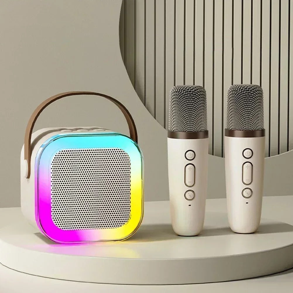 Belro portable karaoke machine with two microphones, compact electronics for singing and entertainment.