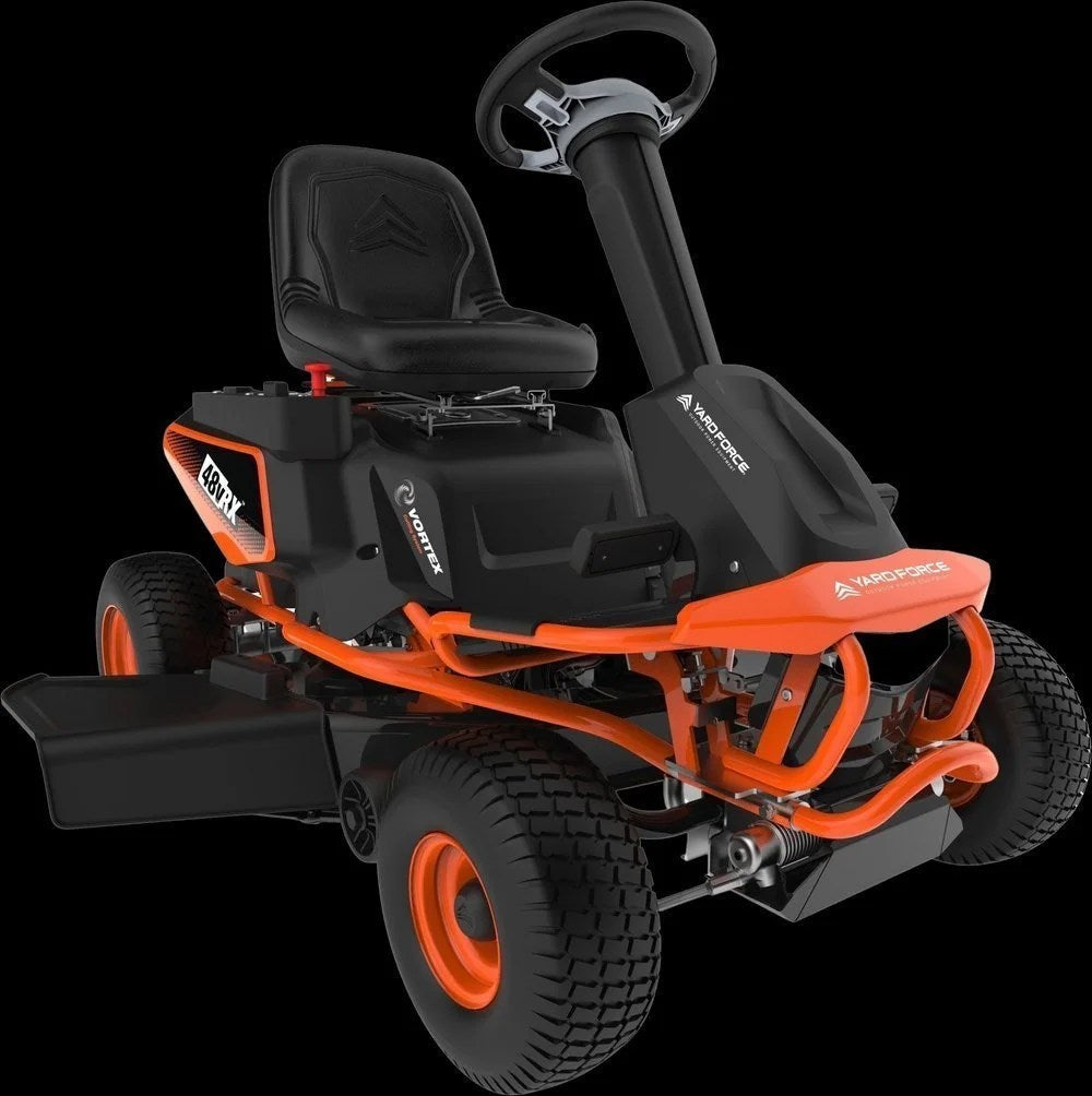 Casavibeo Yard Force 38-inch 48V battery-powered riding lawn mower with cutting deck and ergonomic handlebar.