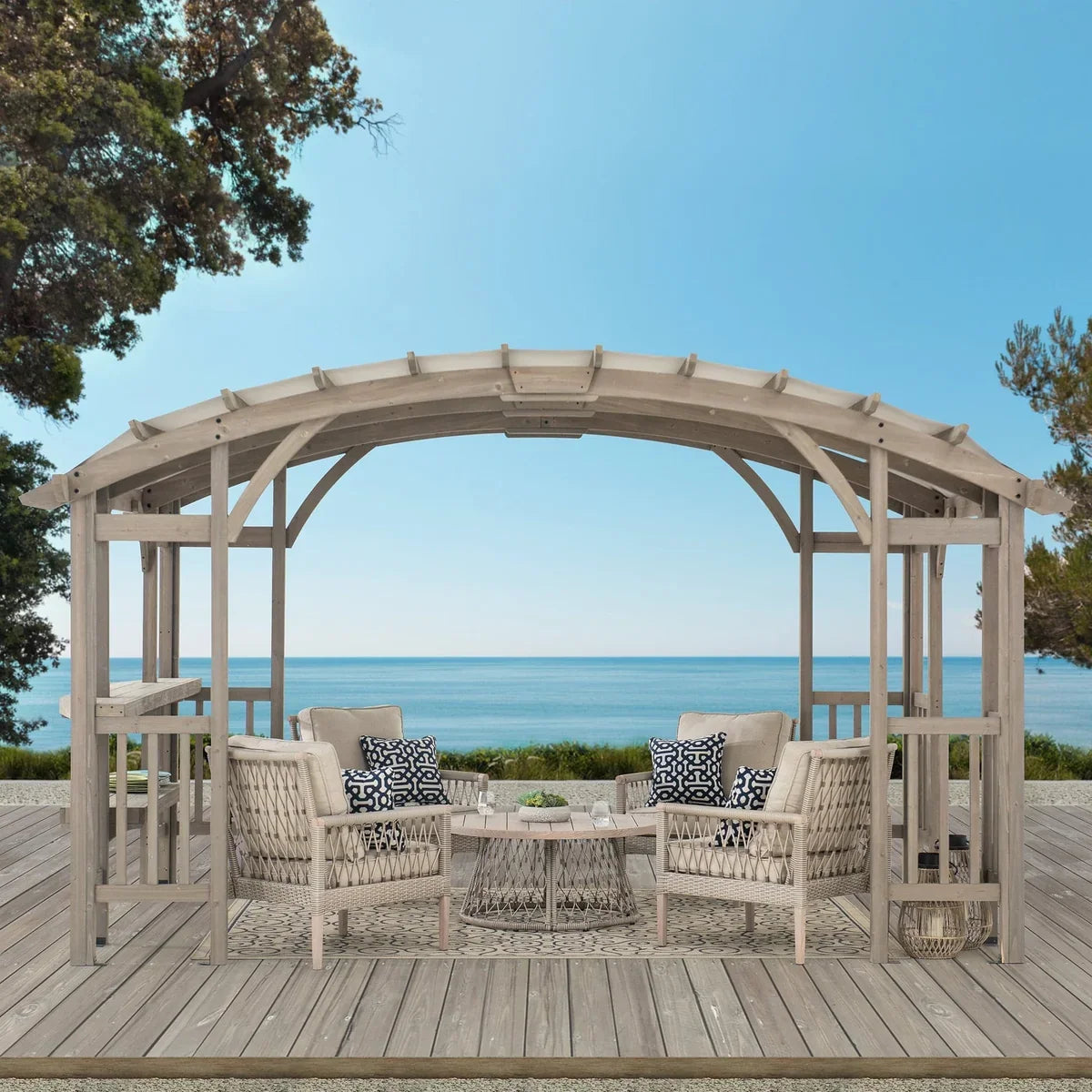 Casavibeo Sunjoy Bellucci 10x14 ft light grey outdoor cedar wood arched pergola in a garden setting.