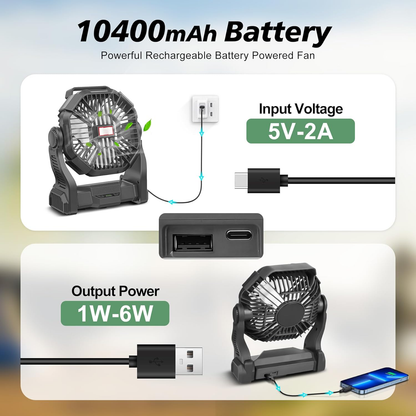 Belro portable rechargeable camping fan with LED lantern, compact and lightweight for outdoor camping and travel.