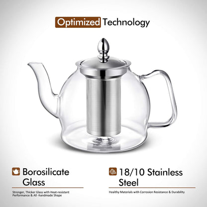 Belro 1000ml glass teapot with removable infuser, perfect for blooming and loose leaf tea brewing in the kitchen.