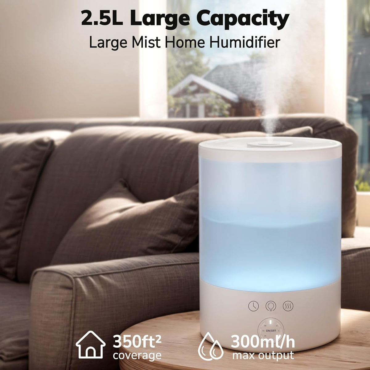 Belro Ultrasonic Cool Mist Humidifier for large rooms, white electronic device with water tank and mist outlet.
