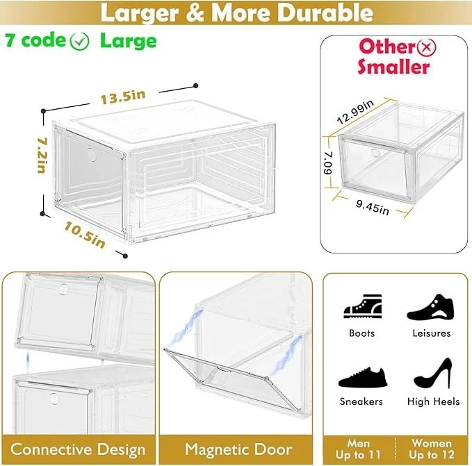 Set of 12 clear plastic shoe storage organizers with magnetic doors, stackable design for sneakers, boots, and heels in a white shoe cabinet