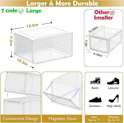 Set of 12 clear plastic shoe storage organizers with magnetic doors, stackable design for sneakers, boots, and heels in a white shoe cabinet