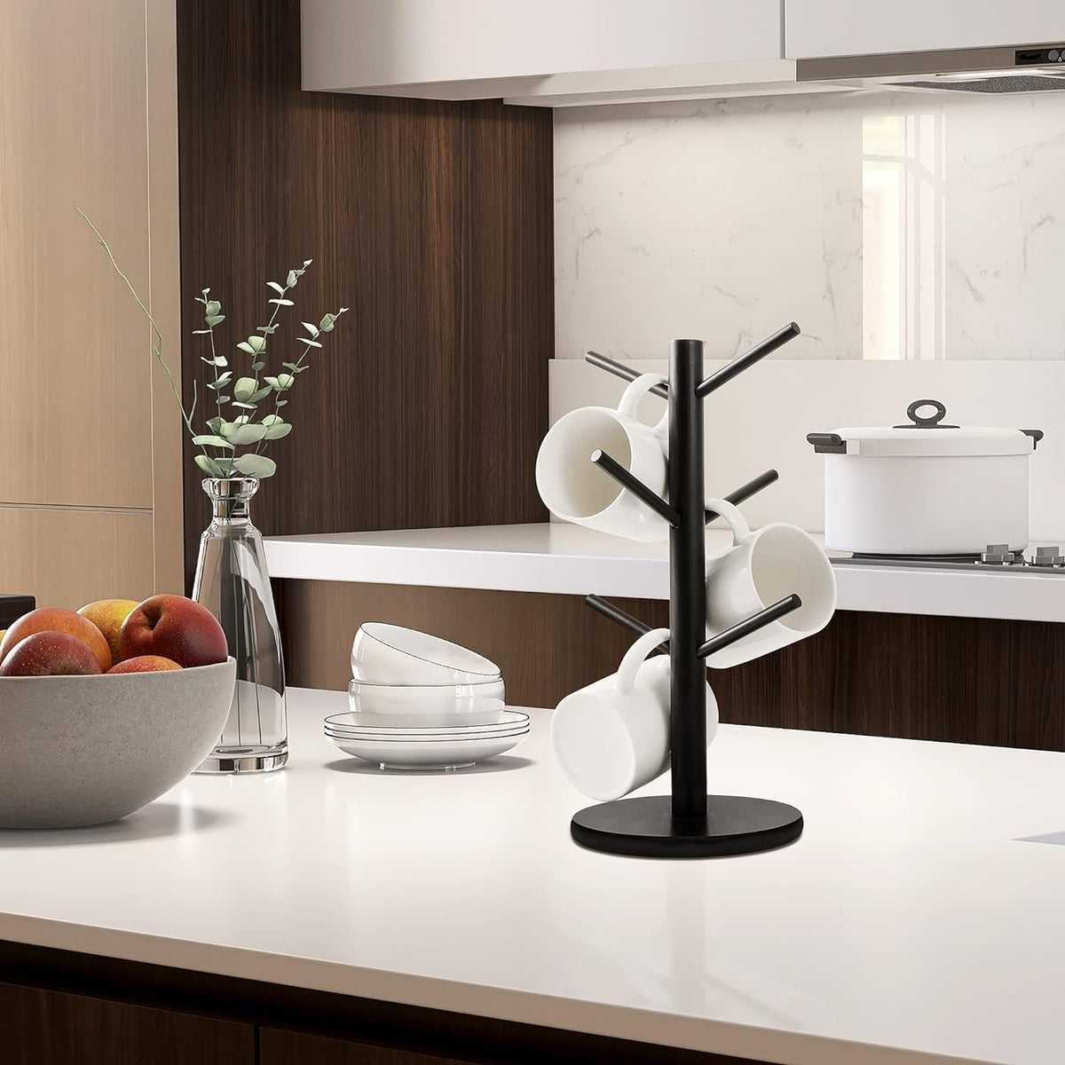 Belro Cup Mug Holder Tree for kitchen organization, with multiple hooks for hanging mugs and cups in a home and dining setting.