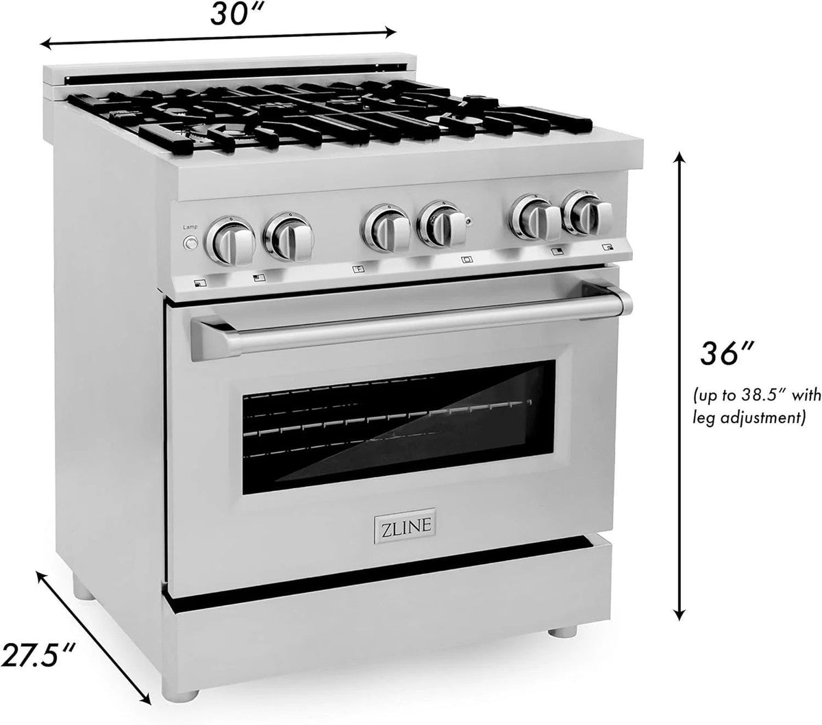 Casavibeo ZLINE 30-inch dual fuel range with stainless steel finish and four burners, showcasing the cooktop and oven features.