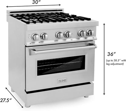 Casavibeo ZLINE 30-inch dual fuel range with stainless steel finish and four burners, showcasing the cooktop and oven features.