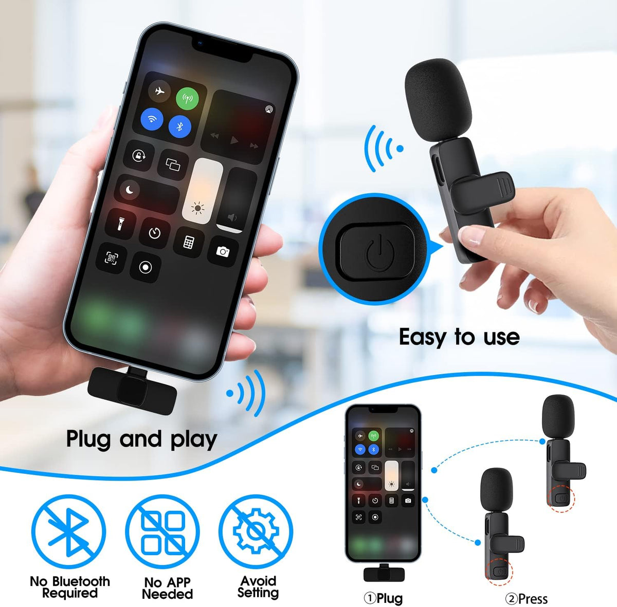 Belro 2-pack wireless microphones for iPhone and iPad, compact audio accessories for clear sound recording