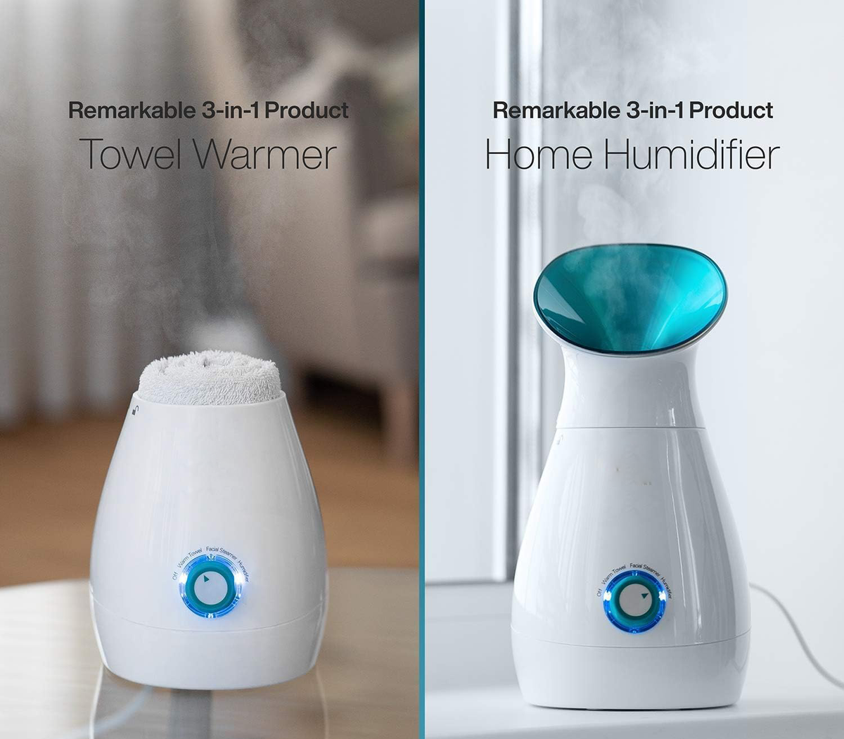 Belro Nano Ionic Facial Steamer Machine for skin care, showing the sleek white device emitting gentle steam for facial hydration.