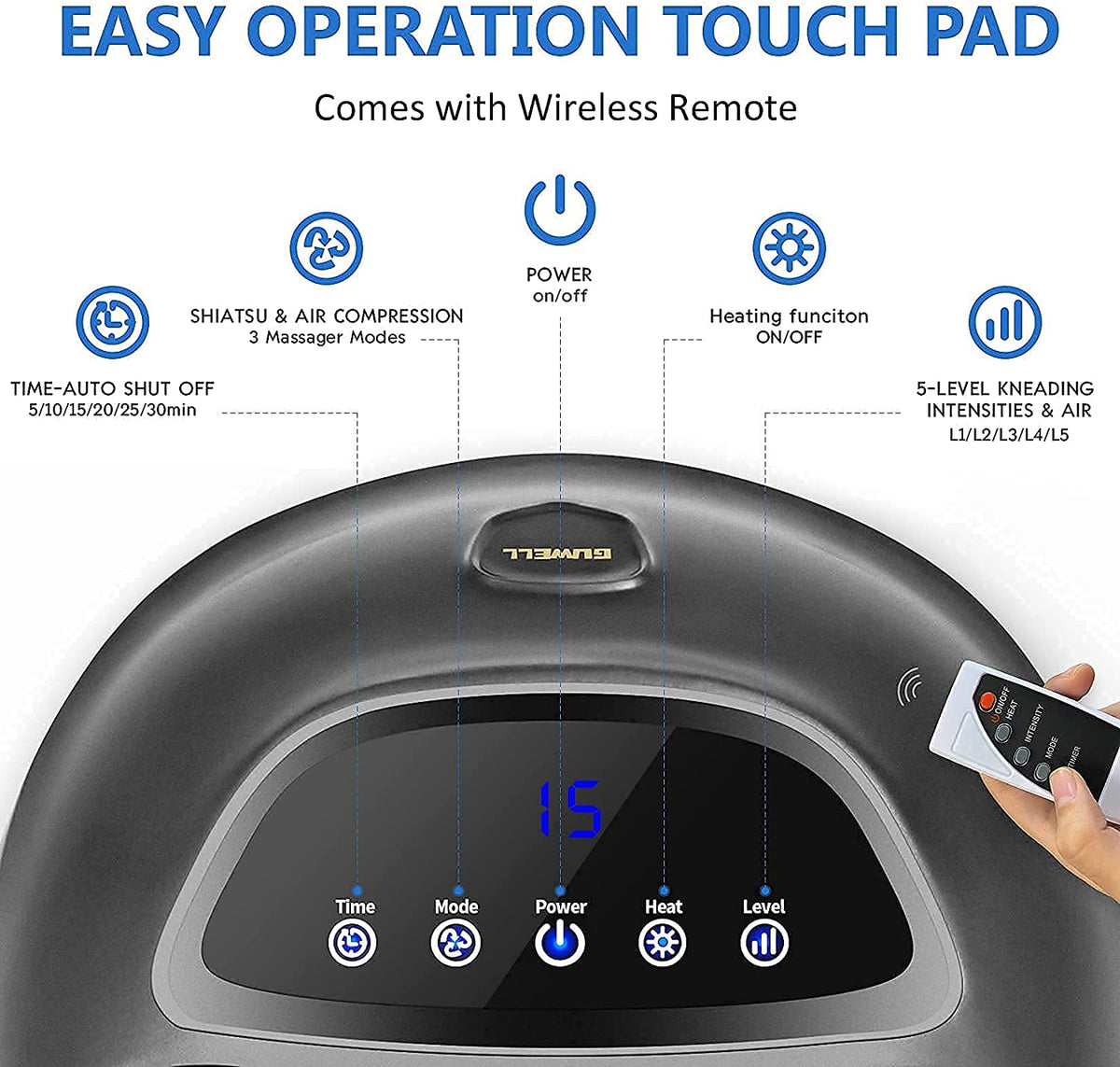 Belro electric foot massager with shiatsu and heat functions, showing its compact design and control panel.