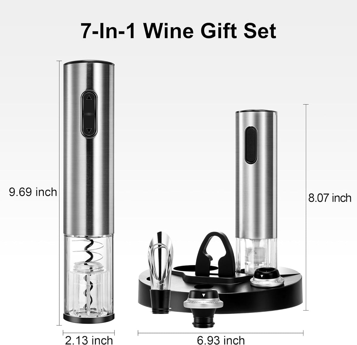 Belro electric wine bottle opener set with automatic corkscrew, vacuum preserver, foil cutter, charging base, and sleek design.