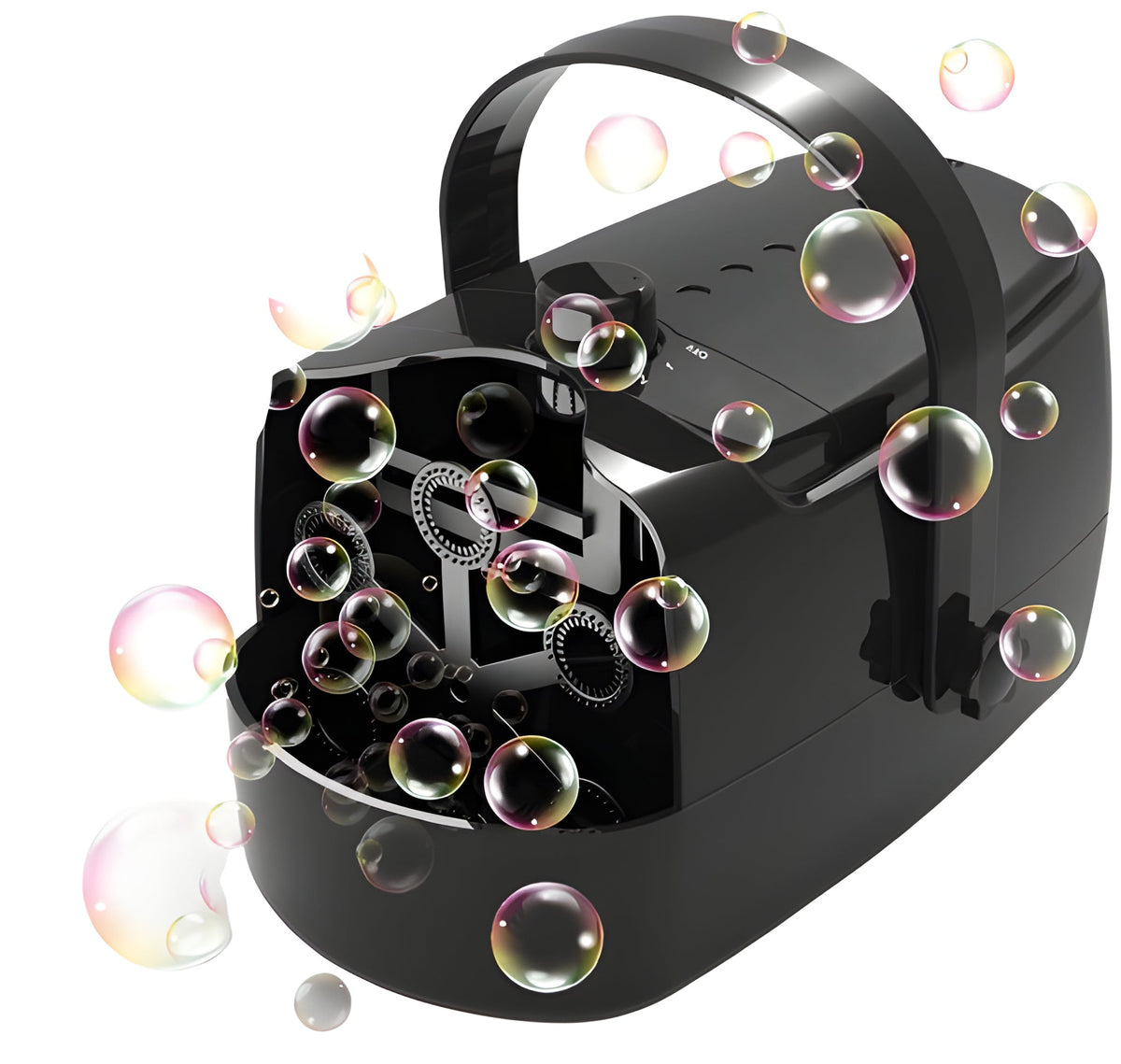 Belro bubble machine blower for outdoor play, with colorful bubbles and compact design on a grassy background.