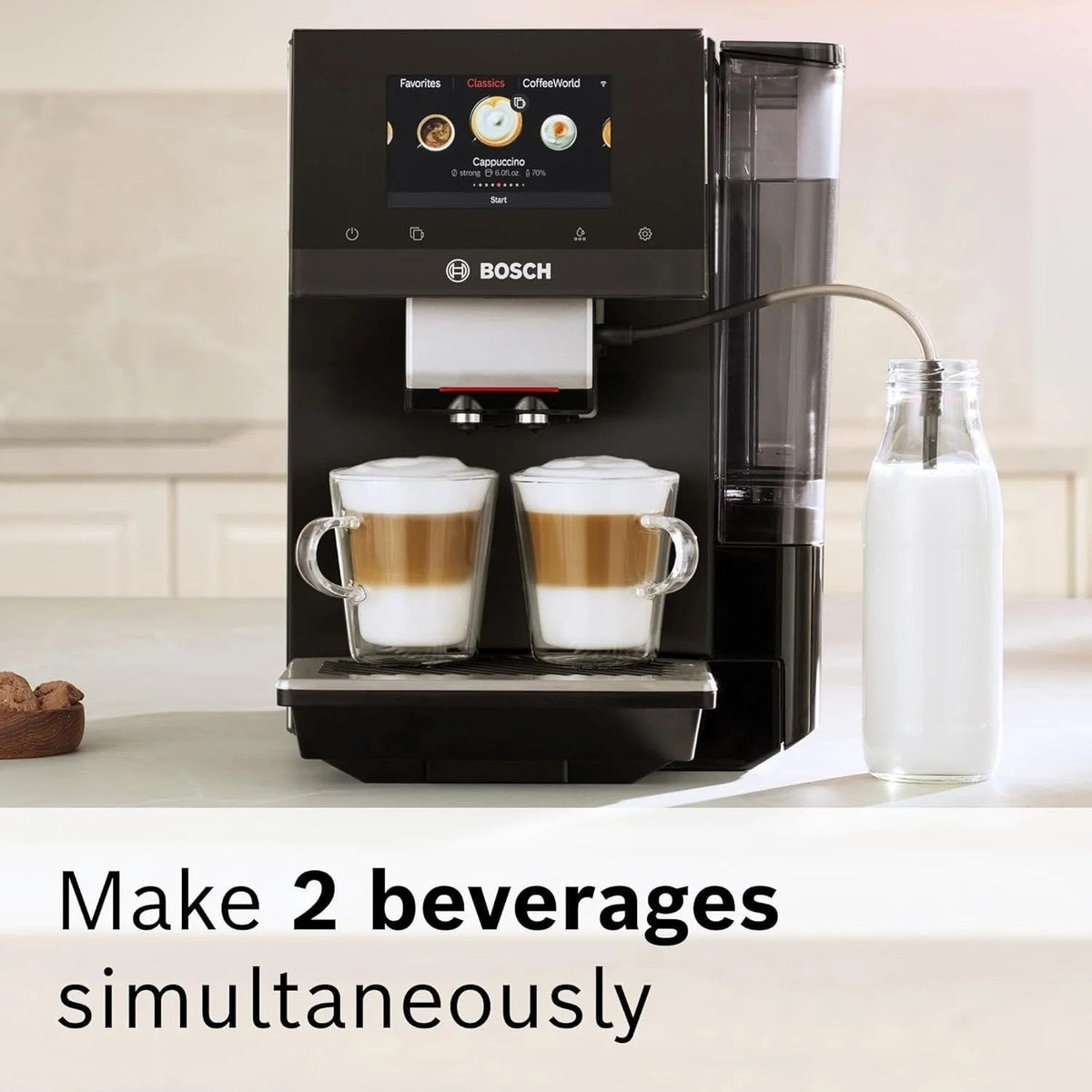 Bosch 800 Series VeroCafe fully automatic espresso machine with stainless steel finish and built-in coffee brewing system.