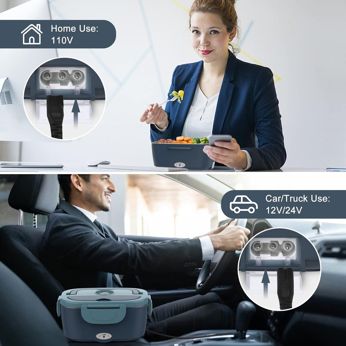 Belro electric lunch box inside a lunch bag, portable food warmer for hot meals on the go, compact and convenient for travel.