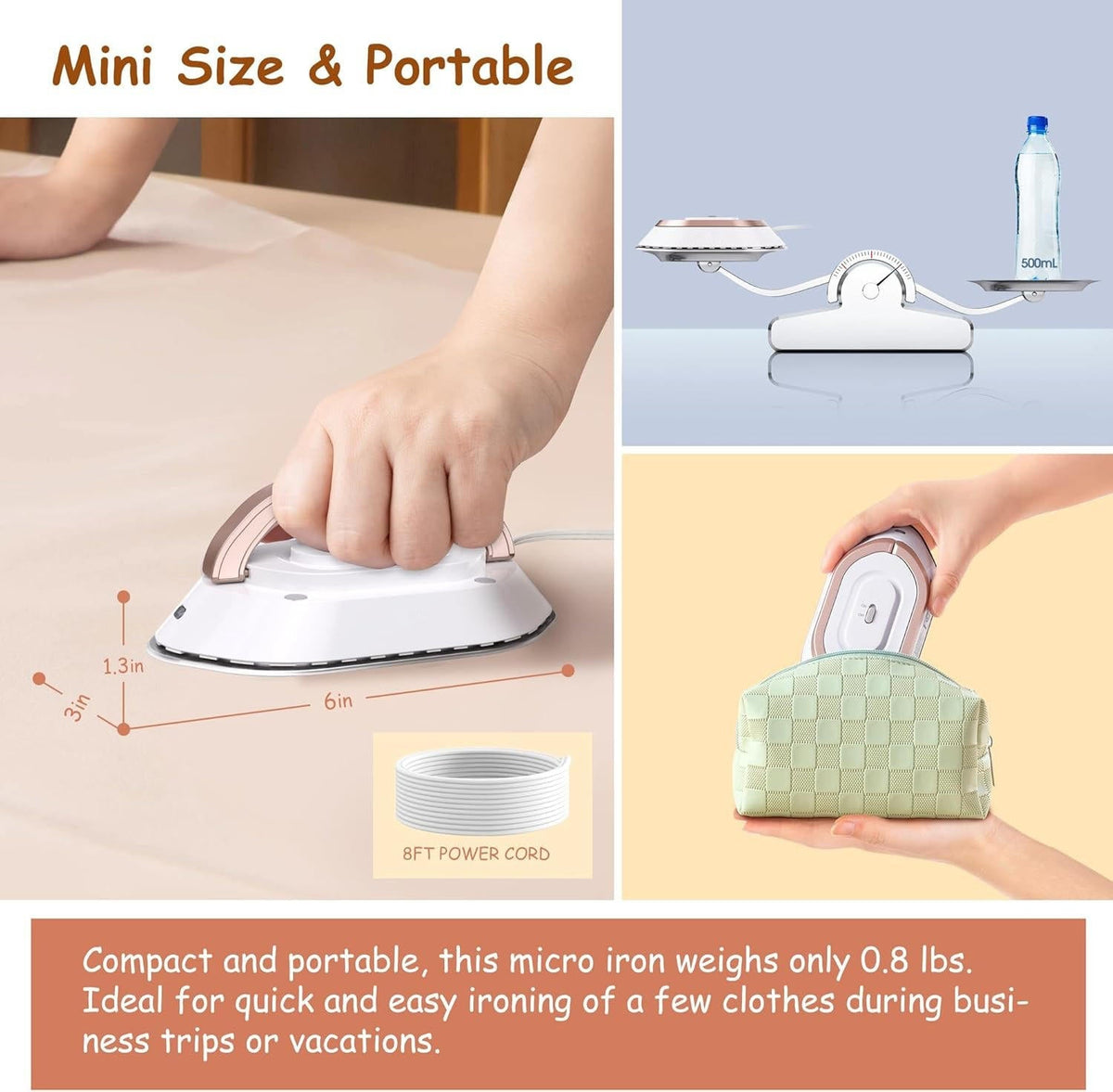 Belro portable travel iron with a sleek design, suitable for home and outdoor use, compact and easy to carry.