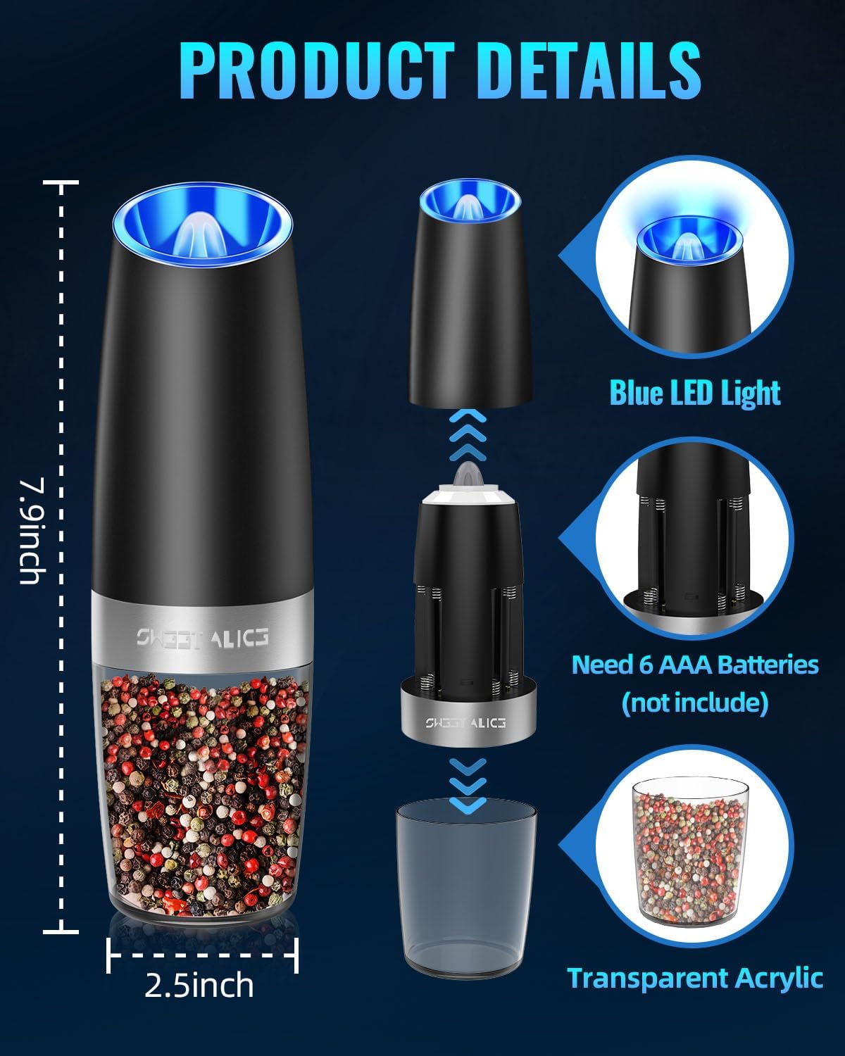 Belro electric salt and pepper grinder set with stainless steel finish for kitchen and dining use.
