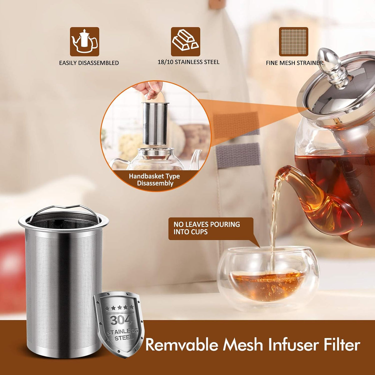 Belro 1000ml glass teapot with removable infuser, blooming and loose leaf tea brewing, clear glass kitchen accessory.