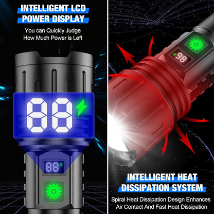 Bright Belro flashlight emitting a powerful beam, handheld electric lighting tool for outdoor and emergency use.