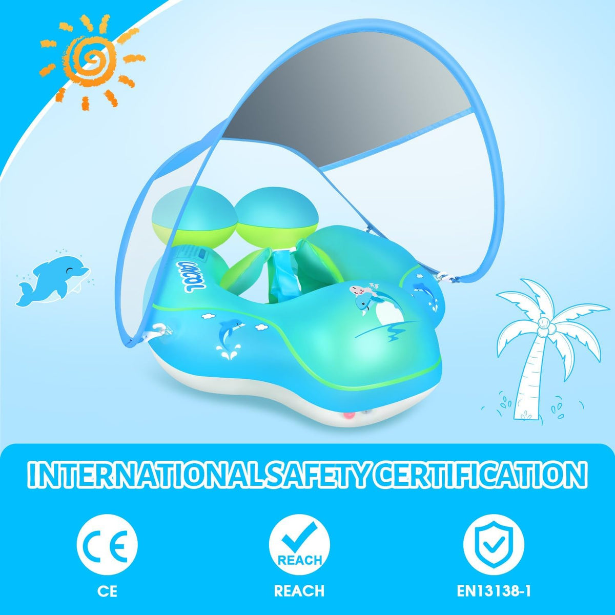 Belro baby swim float with canopy, outdoor water safety float for infants, featuring a sun-shielding canopy and supportive design.