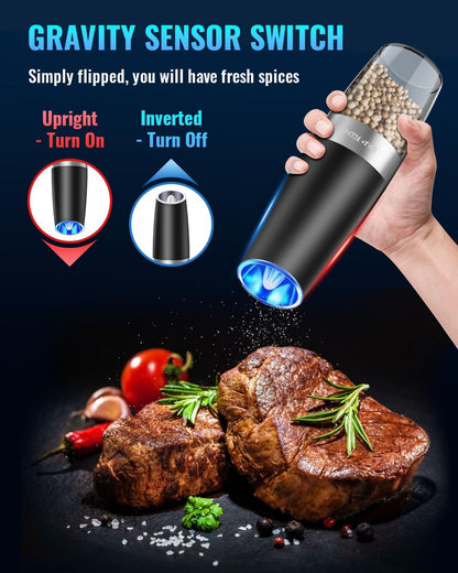 Belro electric salt and pepper grinder set with stainless steel accents, designed for convenient seasoning in the kitchen.