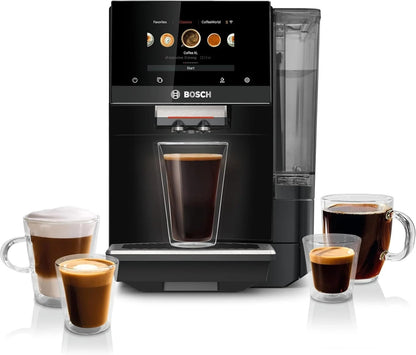 Bosch 800 Series VeroCafe fully automatic espresso machine with stainless steel finish and digital control panel.
