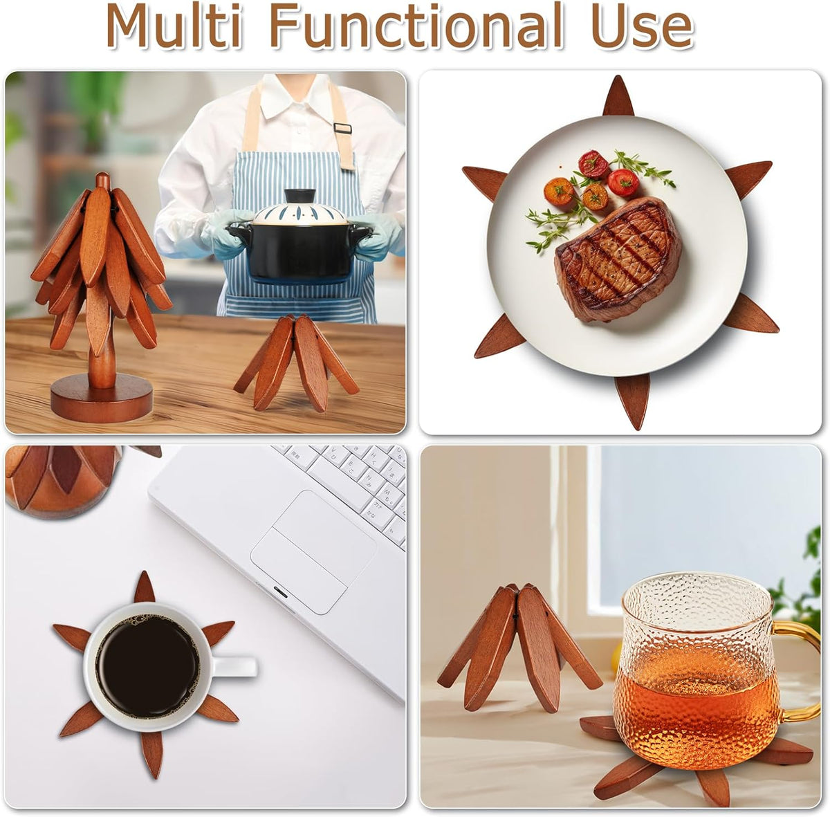 Belro wooden trivets for hot dishes, round and smooth, made of natural wood, ideal for protecting kitchen surfaces during meals.