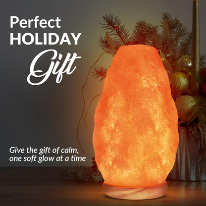 Belro Himalayan Salt Lamp emitting warm amber glow, designed for health and beauty ambiance in a natural setting.