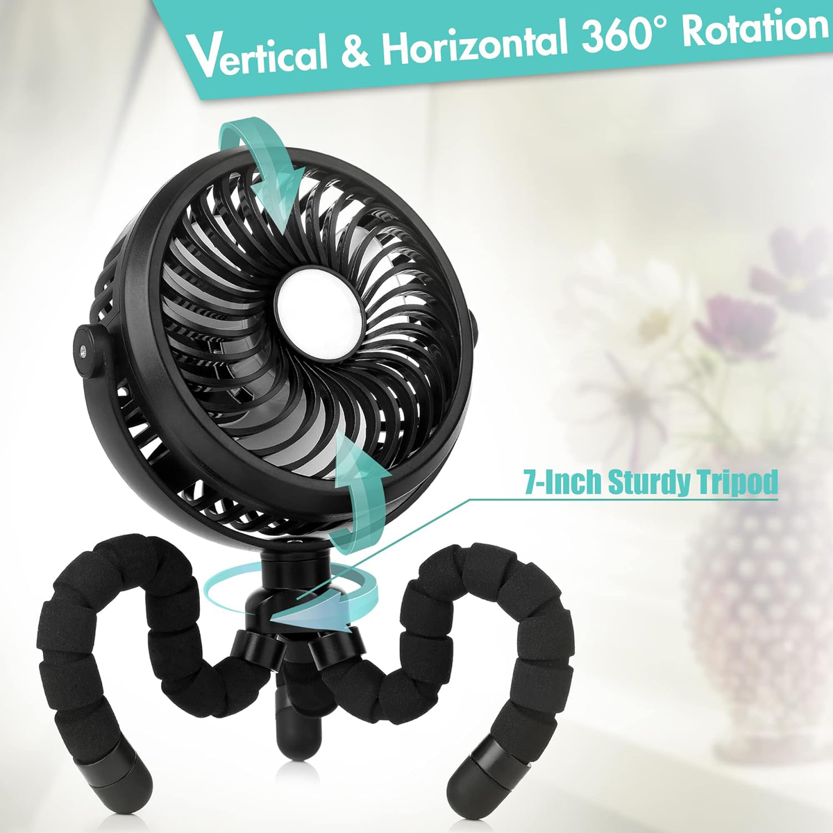 Belro portable stroller fan with adjustable settings, compact design, and curved mounting clip for outdoor use.