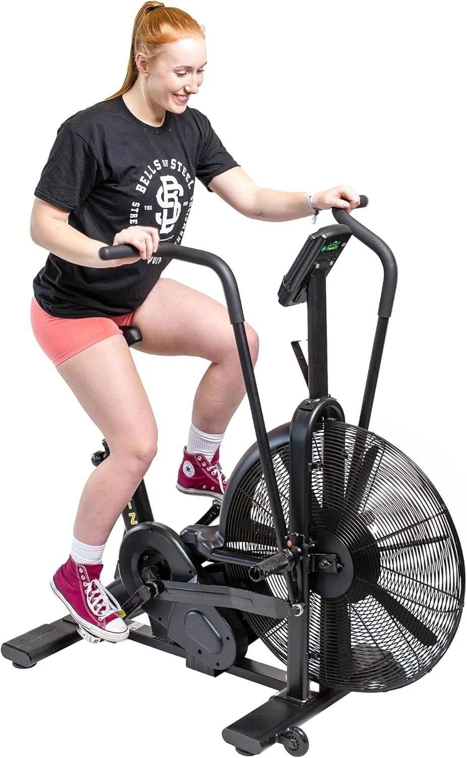 Casavibeo Bells of Steel USA Blitz Air Bike showing a sleek black and blue exercise bike with a digital display and adjustable seat.
