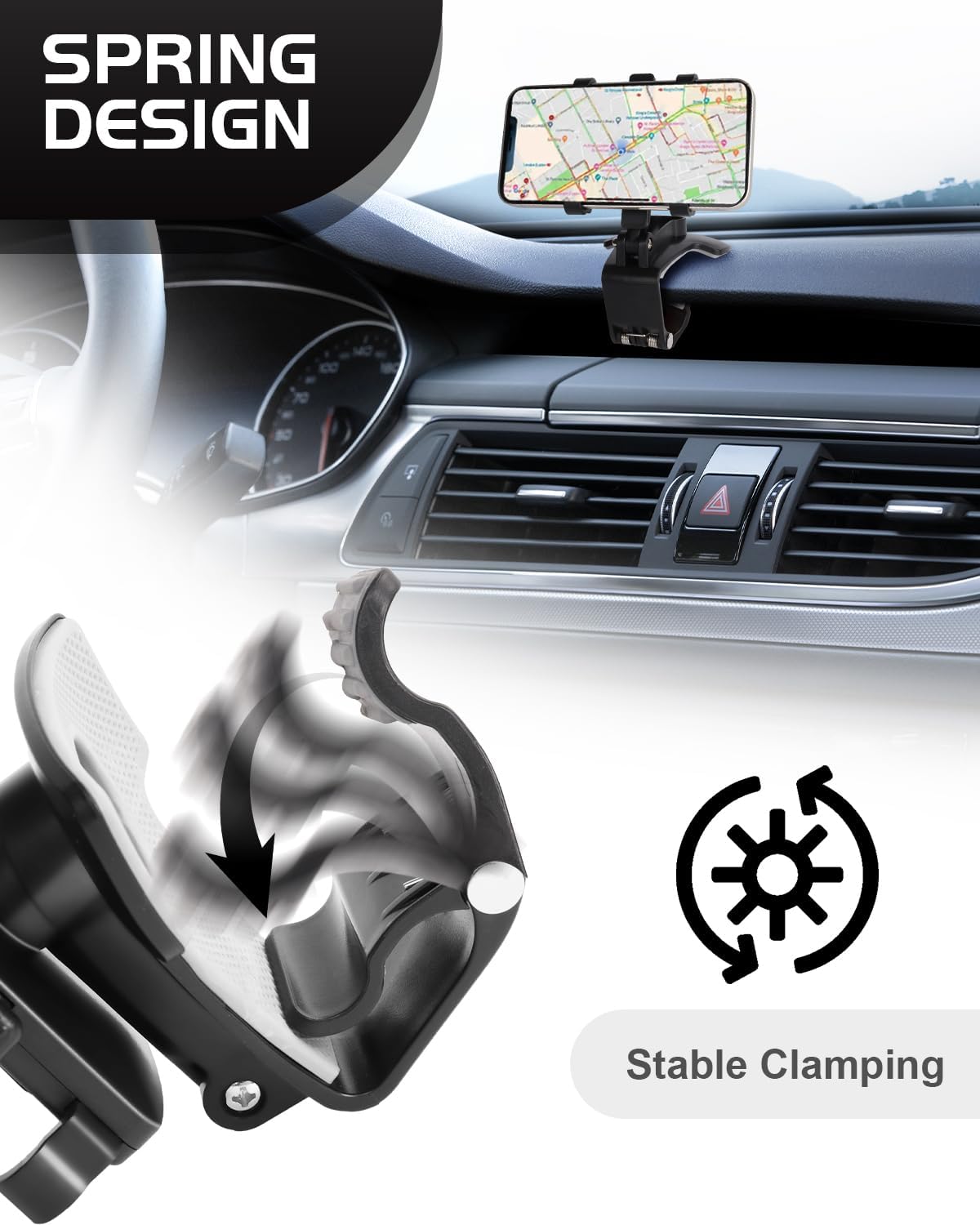 Belro car dashboard phone holder attached to a vehicle dashboard, designed to securely hold smartphones for easy access.