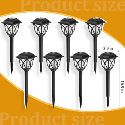 Six Belro solar LED pathway garden lights outdoor, weather-resistant lights illuminating garden paths at night.
