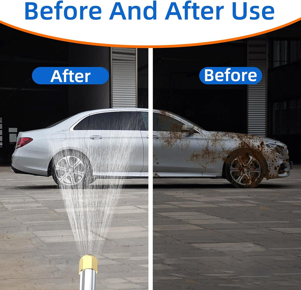 Belro high-pressure washer spray nozzle attached to a water hose, used for car washing and cleaning outdoor surfaces.