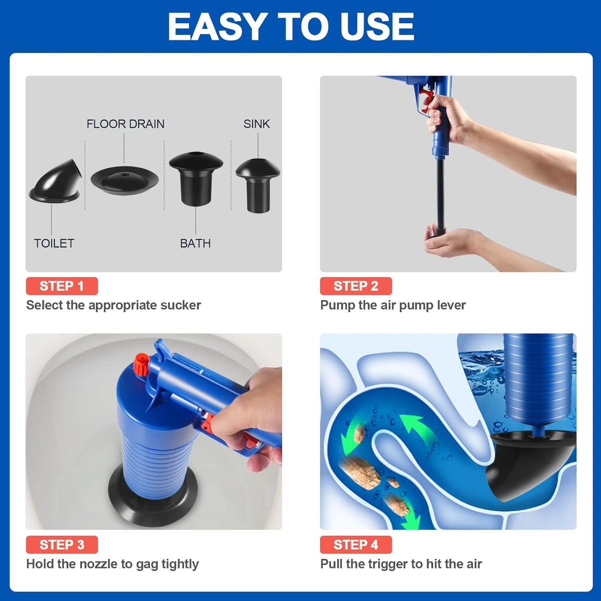 Belro Drain Blaster Air Toilet and Sink Plunger Gun for clog removal, handheld tools for bathroom drain cleaning.
