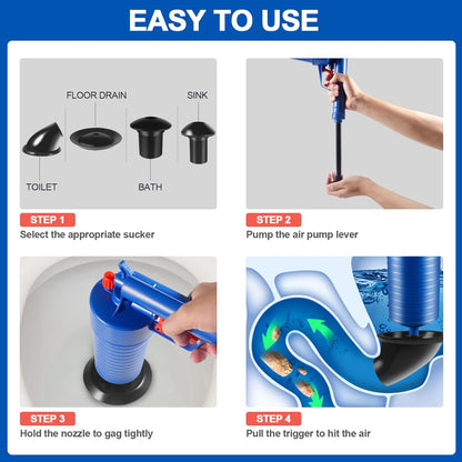 Belro Drain Blaster Air Toilet and Sink Plunger Gun for clog removal, handheld tools for bathroom drain cleaning.