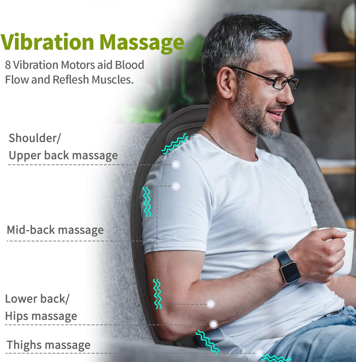 Belro chair and car seat massage cushion pad with heat, electronic personal care massager for relaxation and comfort.