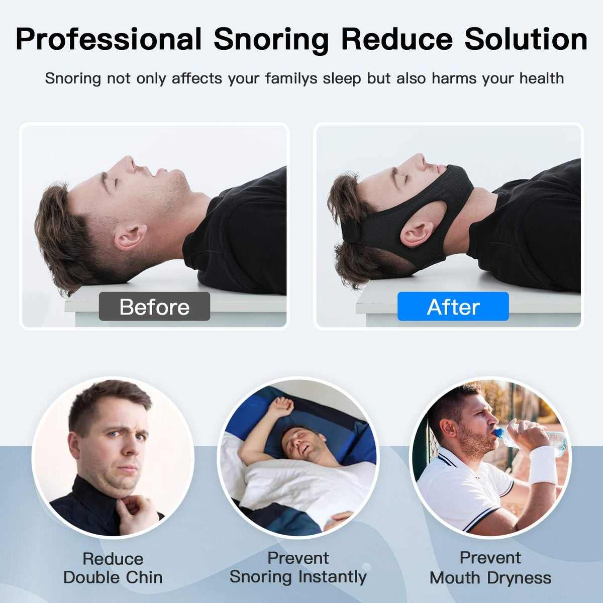 Belro anti snoring chin strap for sleep apnea, adjustable sleep aid device to reduce snoring and improve sleep quality.